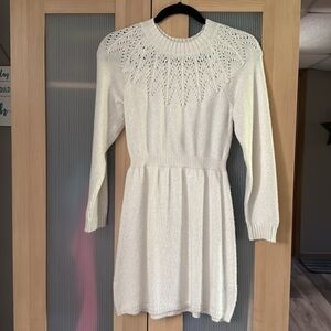 Ivory Knit Sweater Dress with Eyelet Yoke